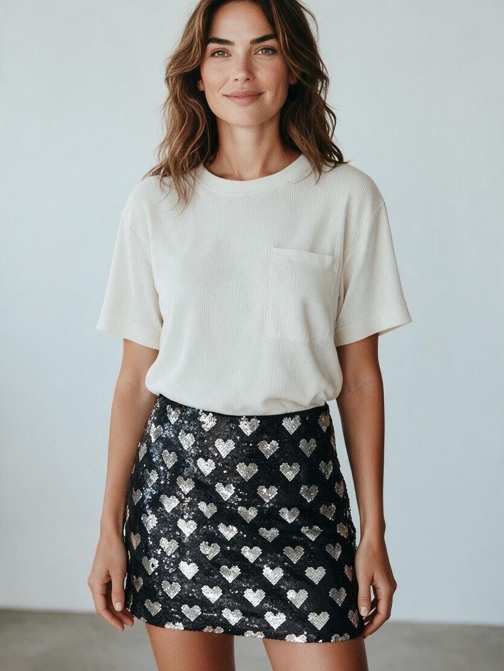 Lush Sequin Heart Mini Skirt - Black & Silver